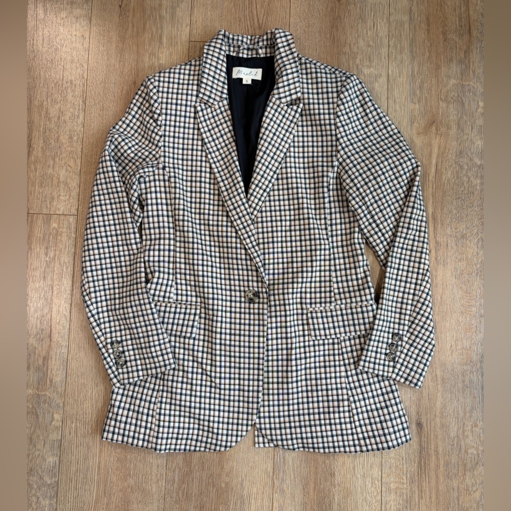 Marled Plaid Blazer Small Neutral Check Tailored Academia Preppy Jacket